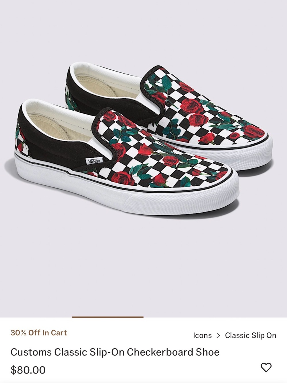Vans Classic Slip-On Checkerboard with Red Rose Print Size 6